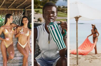 Three summer-ready scenes showcasing the best heatwave essentials: two women in bikinis holding skincare products, a person sipping from a striped Stanley tumbler, and a woman laying out a vibrant beach towel by the sea